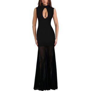 Women's Black Sleeveless Long Mock Neck Bodycon Flowy Cocktail Party Maxi